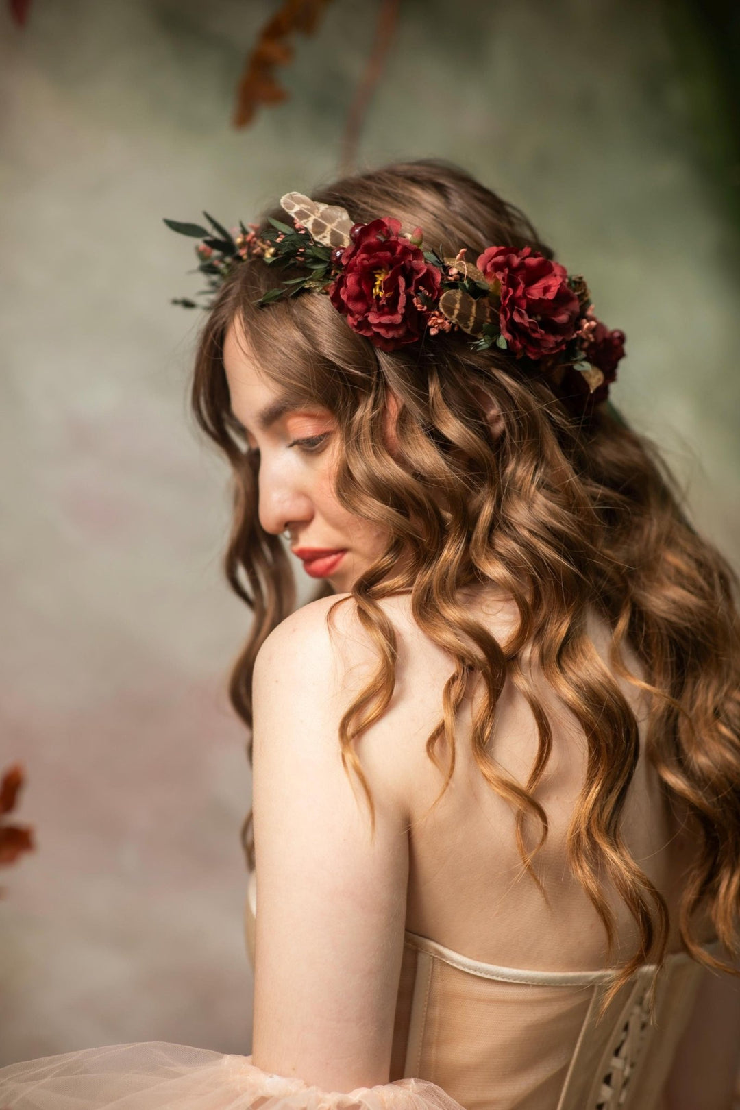 Burgundy Flower Wreath: Woodland Feather Crown with Golden Leaves – handmade floral hair accessory by magaela