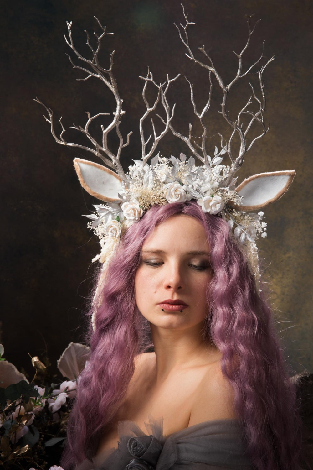 Deer Antler Crown: Silver Horns Headband, Pagan Festival Tiara – handmade floral hair accessory by magaela