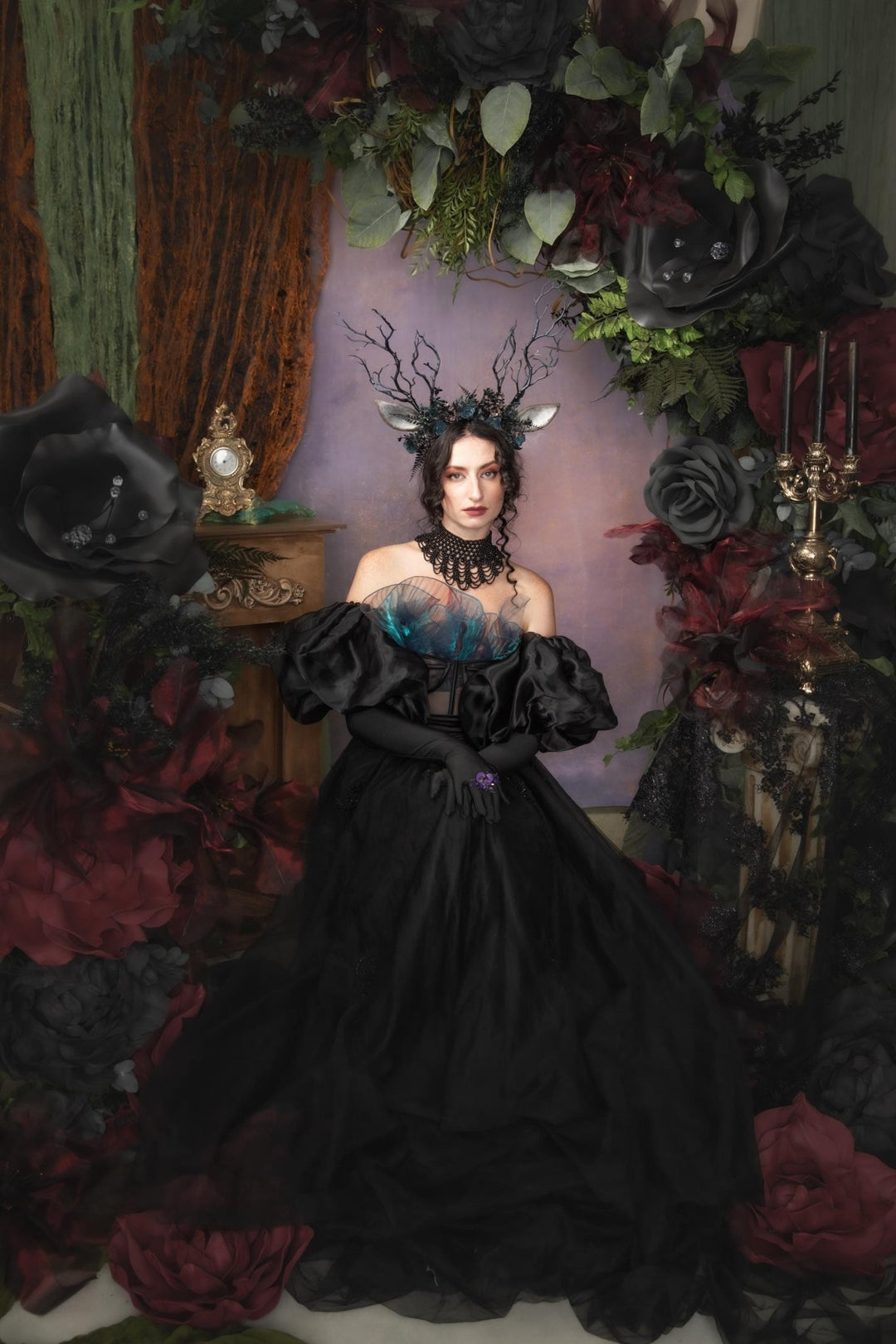 Black Antler Crown: Pagan Festival Headband – handmade floral hair accessory by magaela