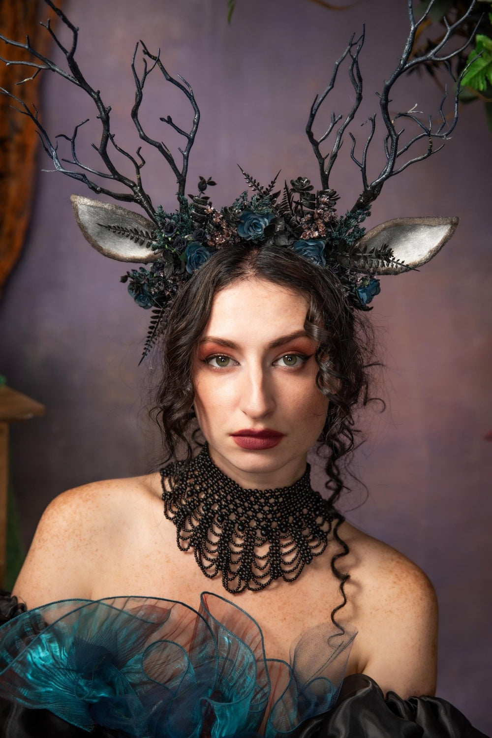 Black Antler Crown: Pagan Festival Headband – handmade floral hair accessory by magaela