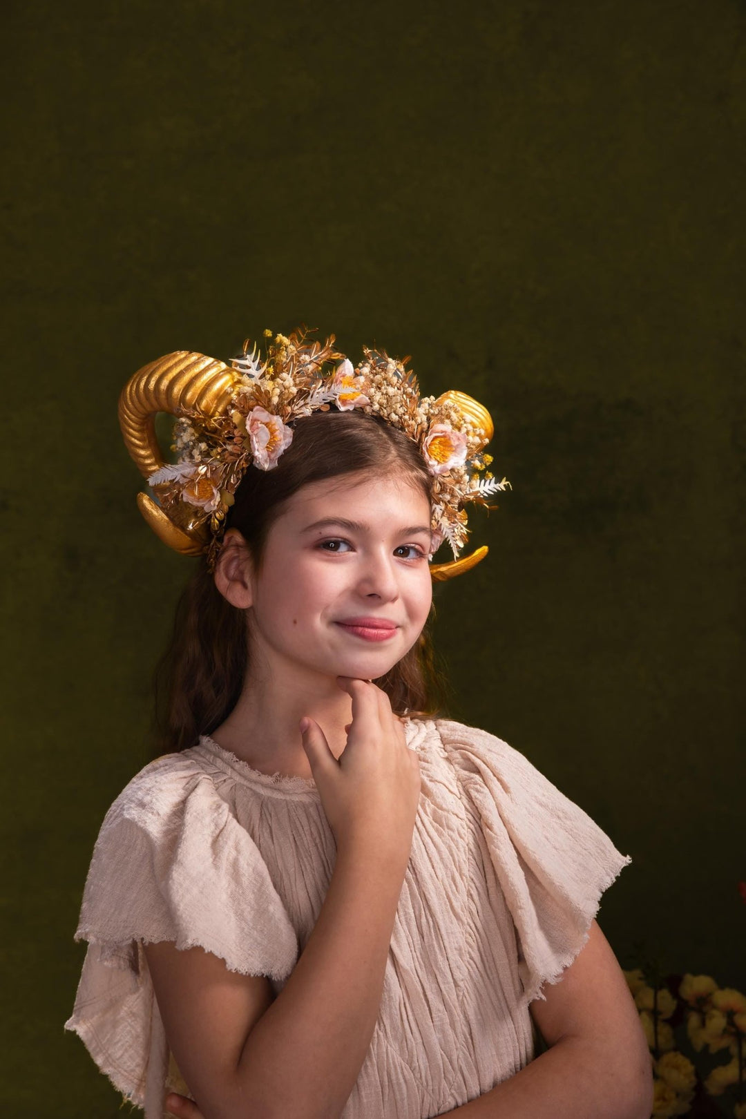 Golden Horns Flower Crown: Pagan Fairytale Headpiece – handmade floral hair accessory by magaela