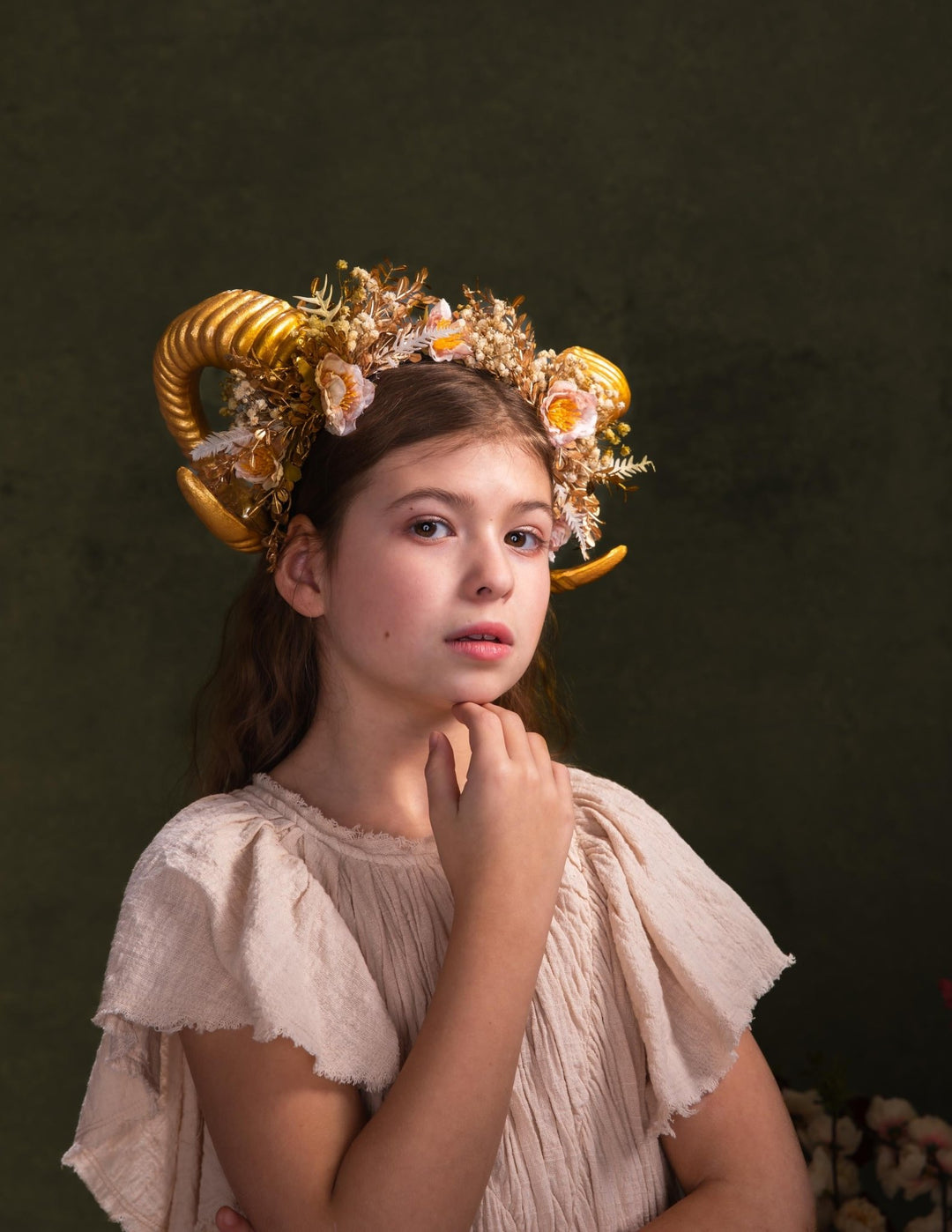 Golden Horns Flower Crown: Pagan Fairytale Headpiece – handmade floral hair accessory by magaela