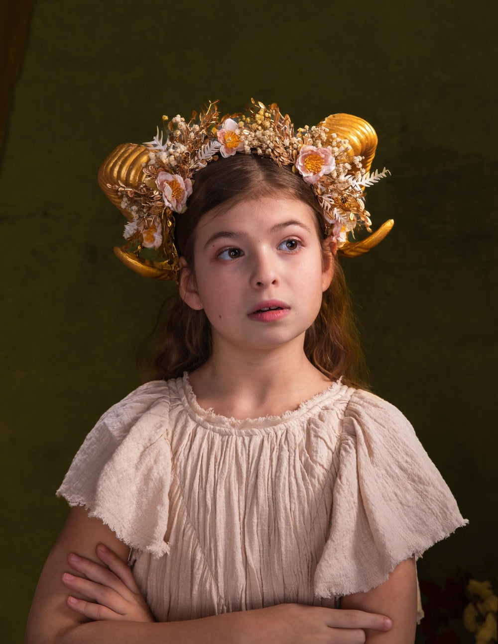 Golden Horns Flower Crown: Pagan Fairytale Headpiece – handmade floral hair accessory by magaela