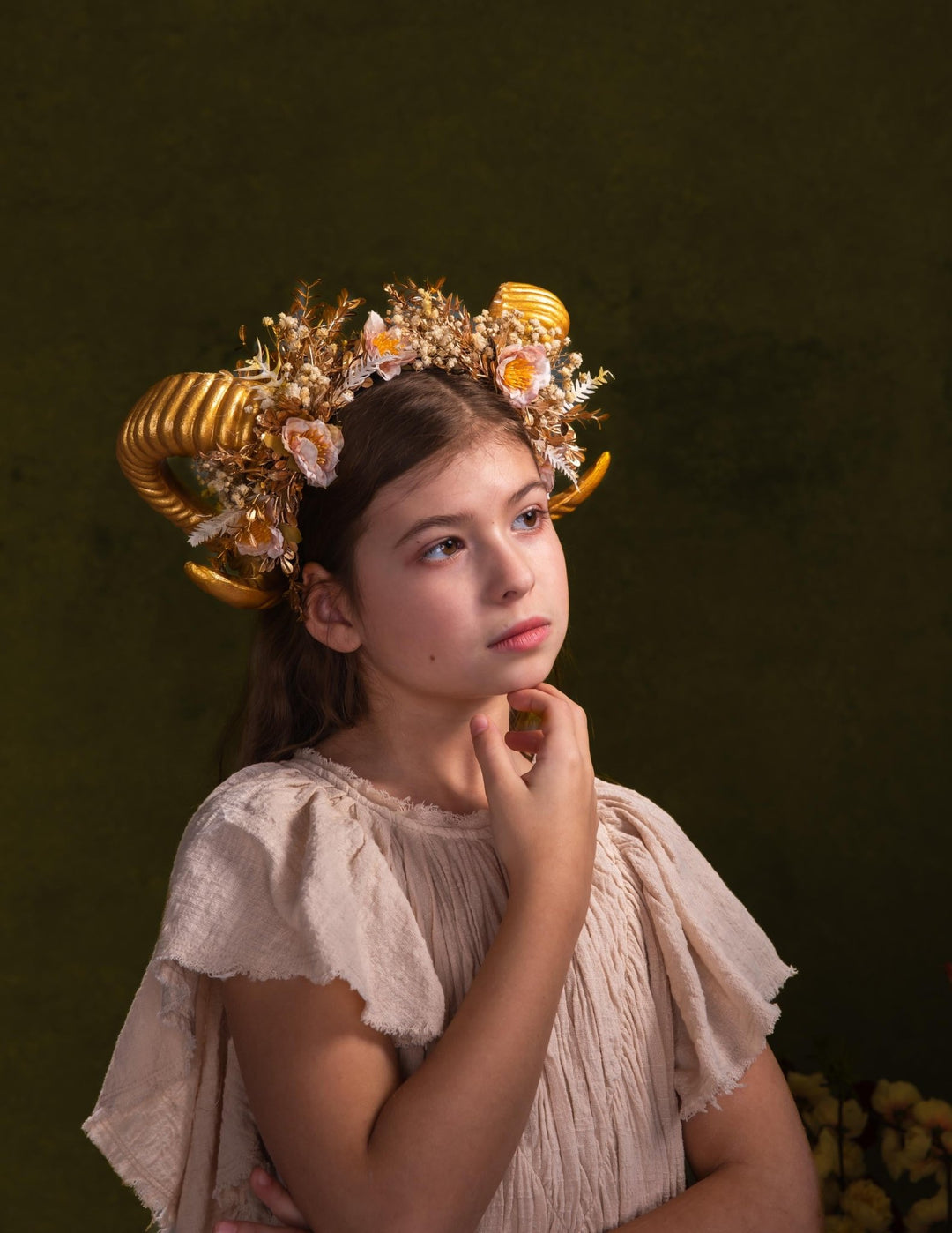 Golden Horns Flower Crown: Pagan Fairytale Headpiece – handmade floral hair accessory by magaela