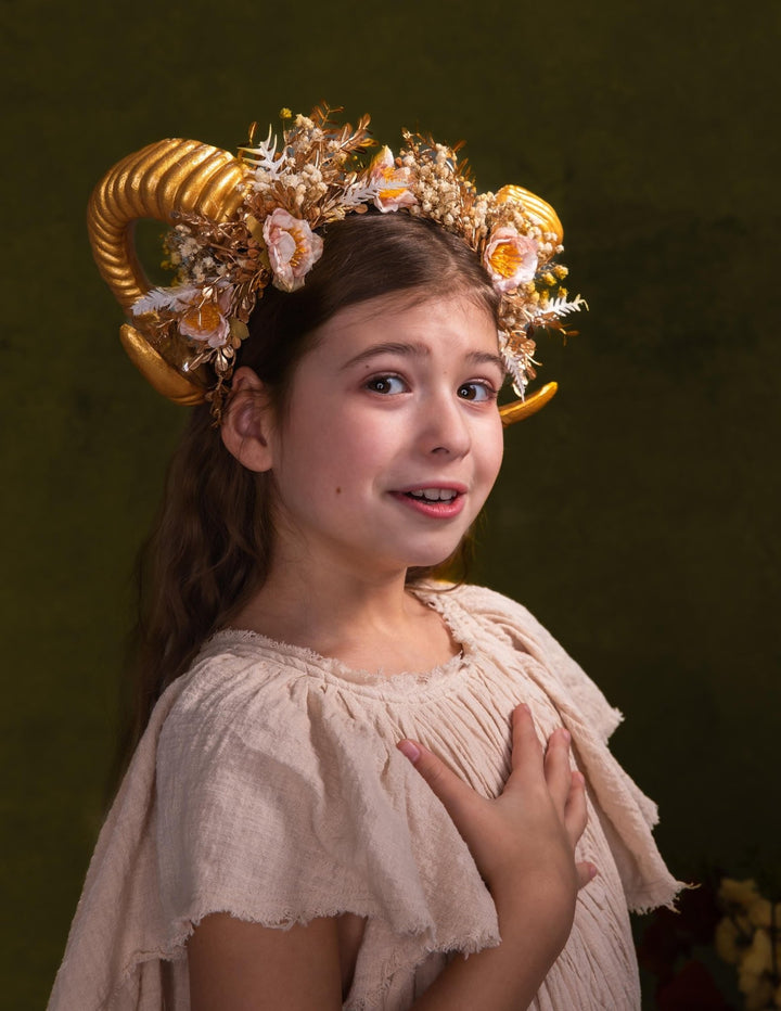 Golden Horns Flower Crown: Pagan Fairytale Headpiece – handmade floral hair accessory by magaela