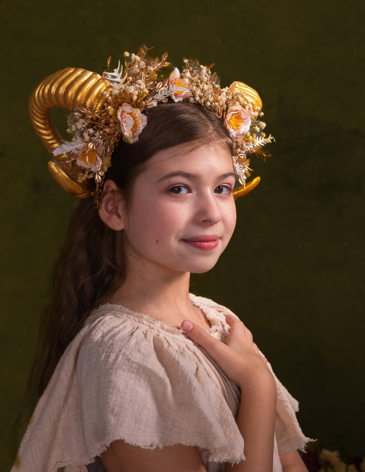 Golden Horns Flower Crown: Pagan Fairytale Headpiece – handmade floral hair accessory by magaela