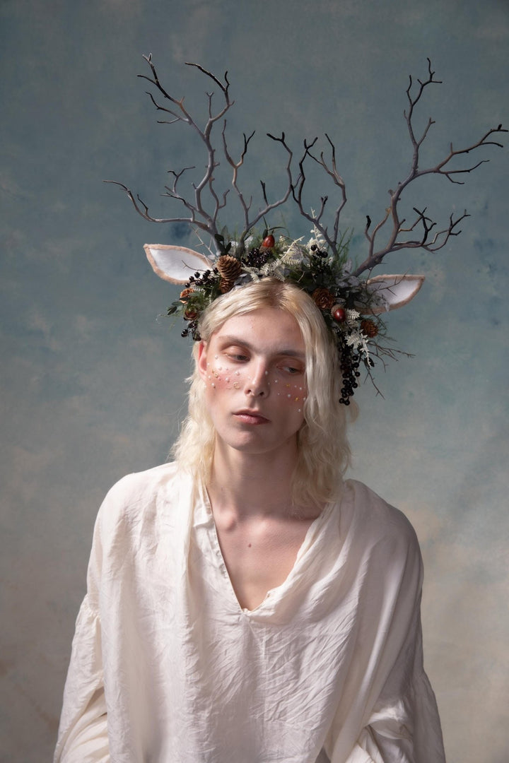 Woodland Antlers Crown: Fairycore Flower Headband – handmade floral hair accessory by magaela