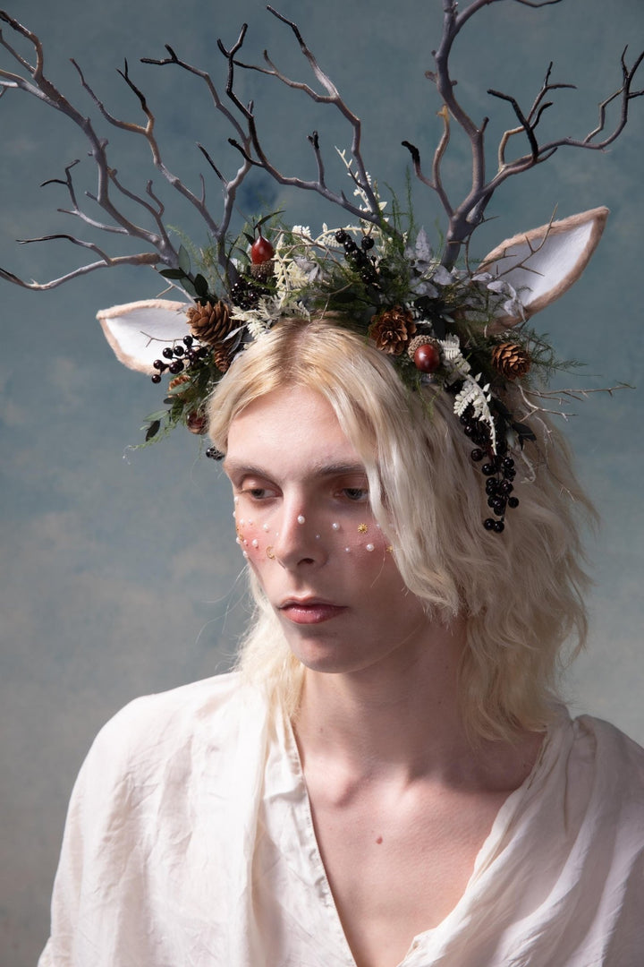 Woodland Antlers Crown: Fairycore Flower Headband – handmade floral hair accessory by magaela