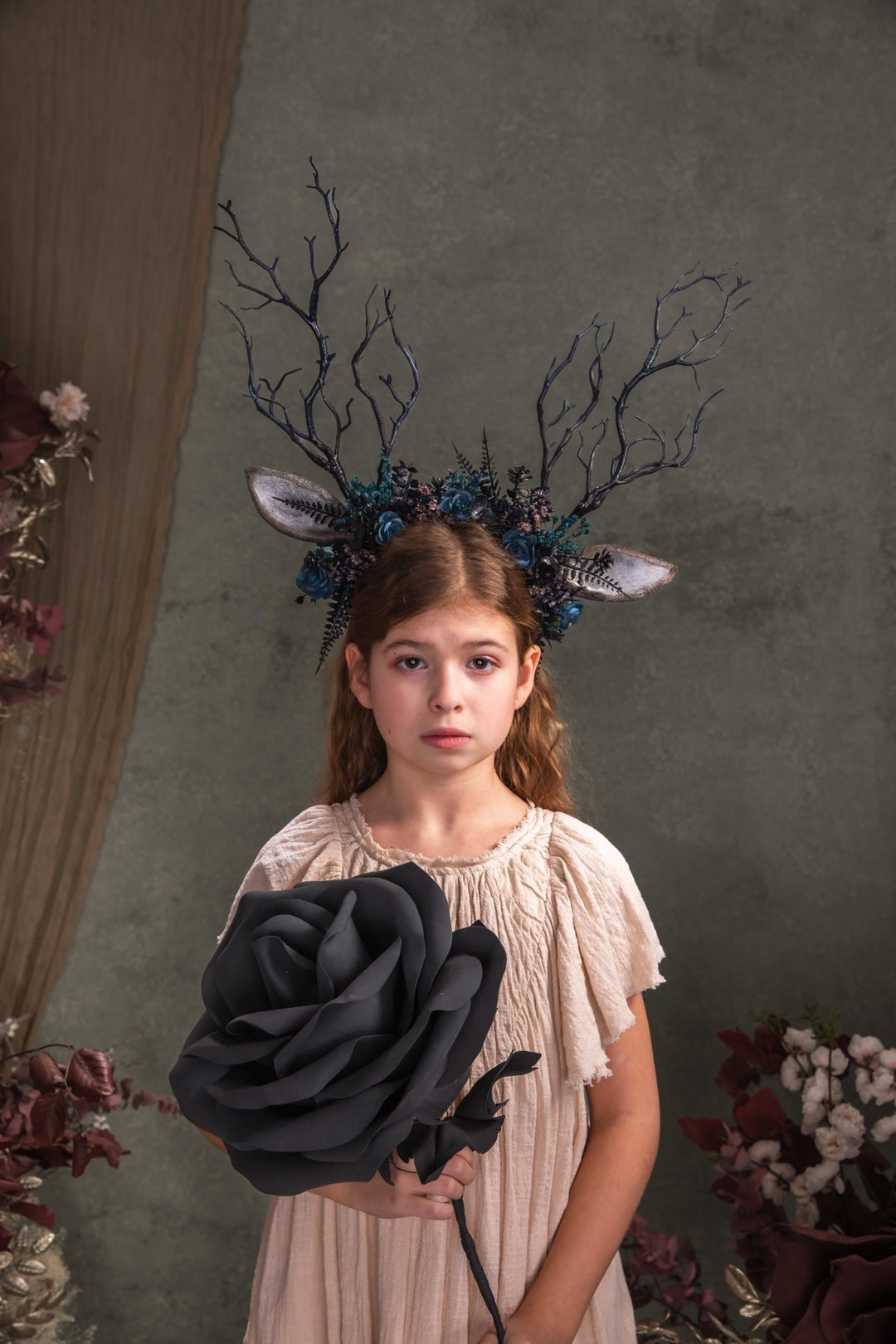 Black Antler Crown Headband: Pagan Festival Headpiece – handmade floral hair accessory by magaela