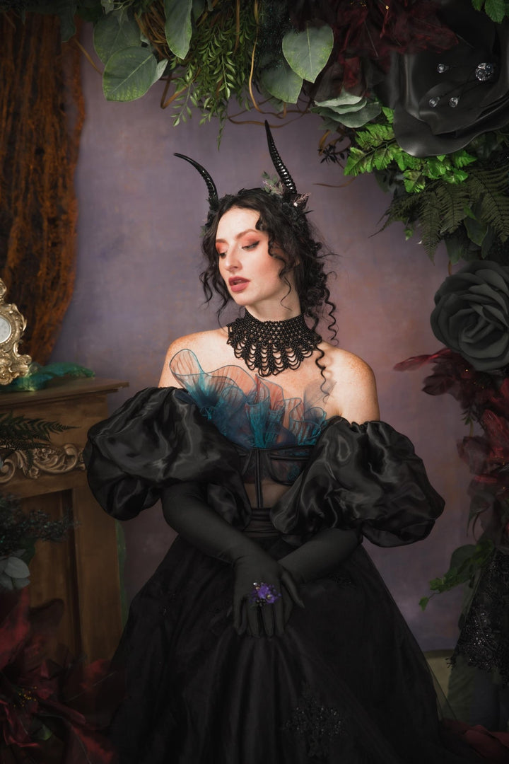 Black Horns Crown: Gothic Witch Headpiece, Pagan Fest – handmade floral hair accessory by magaela