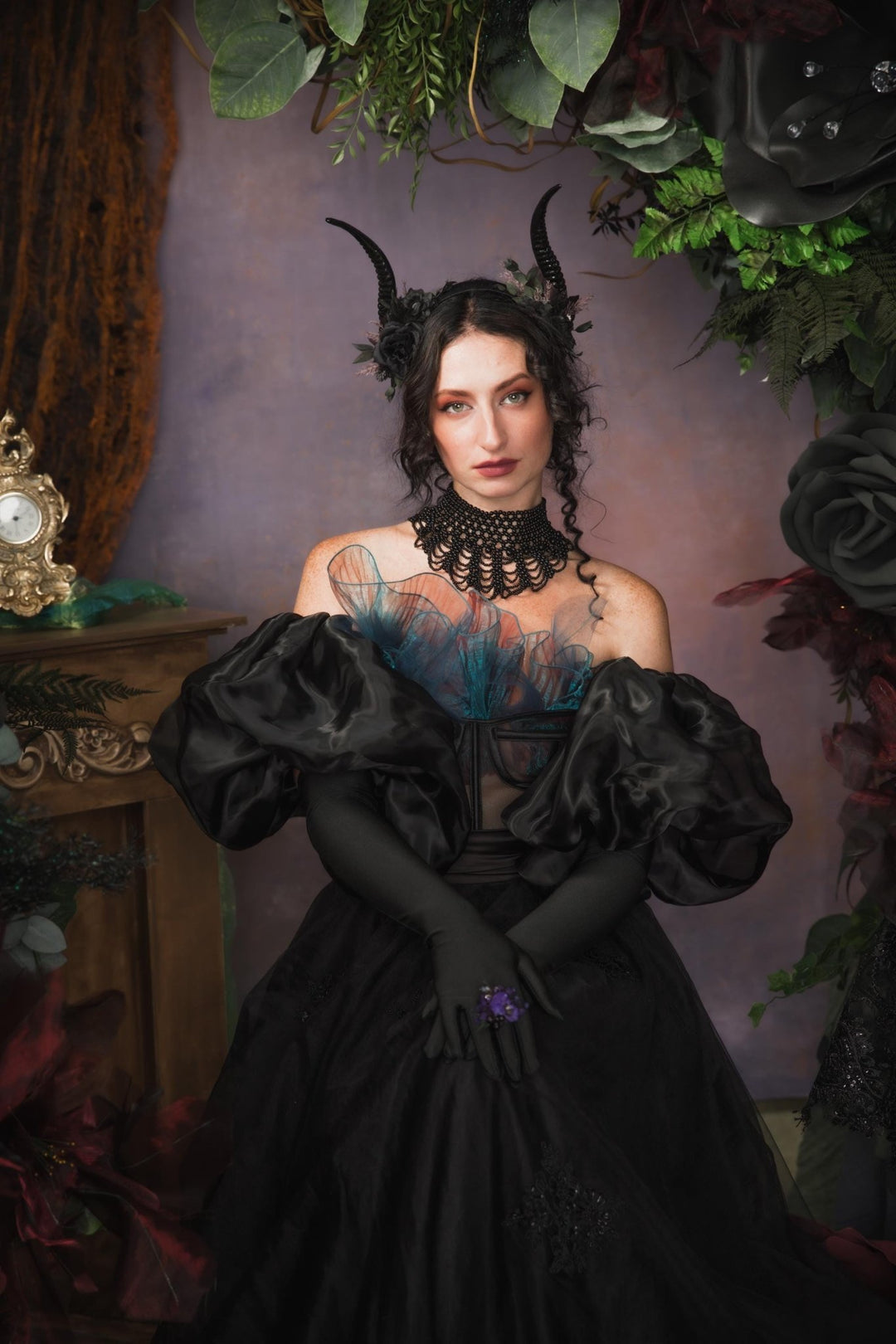 Black Horns Crown: Gothic Witch Headpiece, Pagan Fest – handmade floral hair accessory by magaela