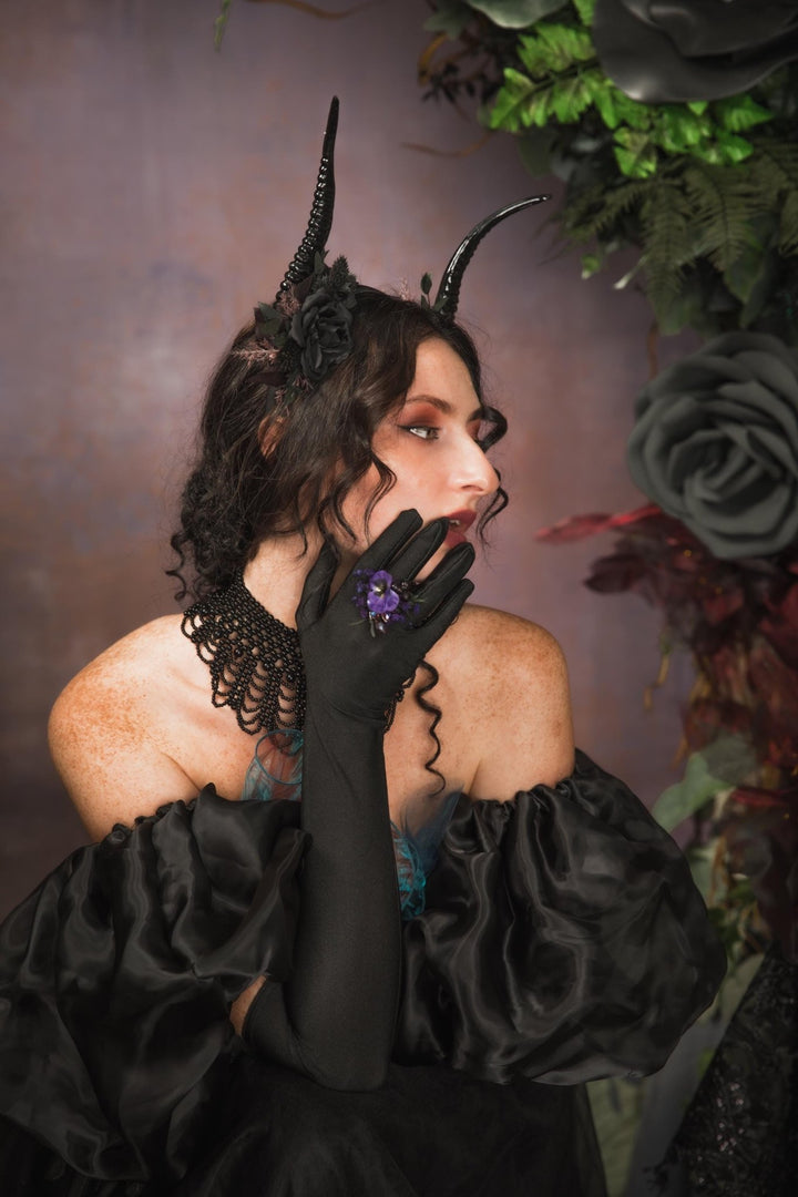 Black Horns Crown: Gothic Witch Headpiece, Pagan Fest – handmade floral hair accessory by magaela