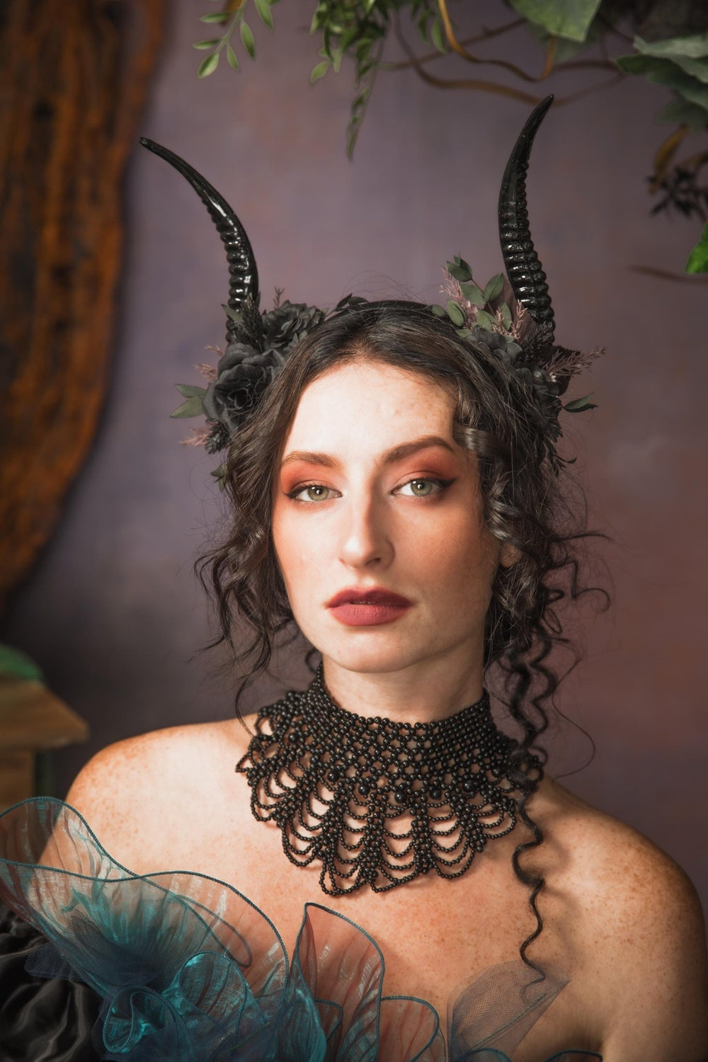 Black Horns Crown: Gothic Witch Headpiece, Pagan Fest – handmade floral hair accessory by magaela
