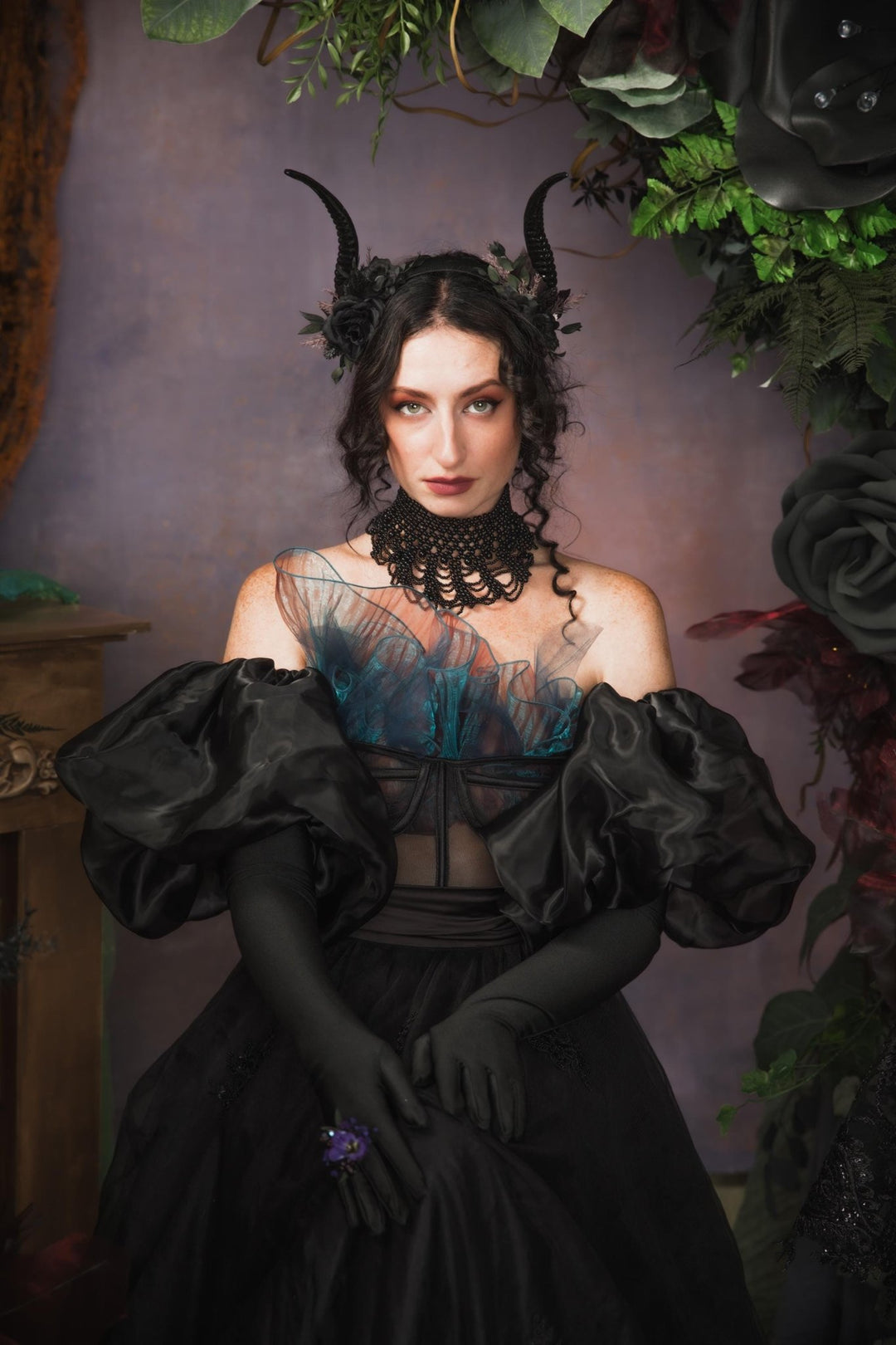 Black Horns Crown: Gothic Witch Headpiece, Pagan Fest – handmade floral hair accessory by magaela