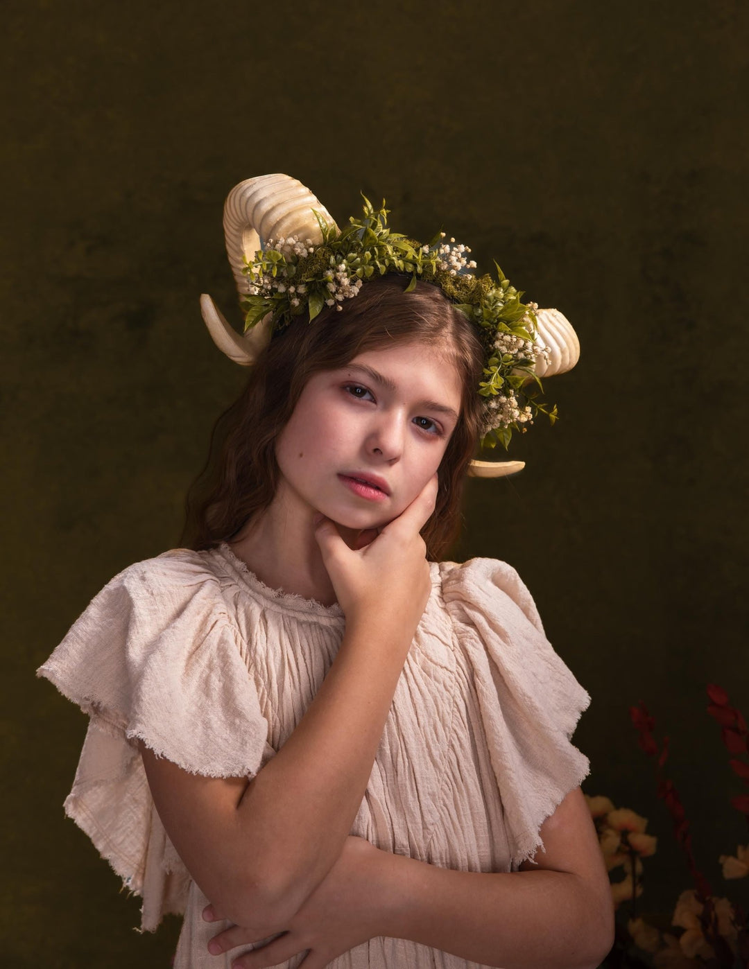 Greenery Horns Crown: Fairycore Pagan Festival Headband – handmade floral hair accessory by magaela