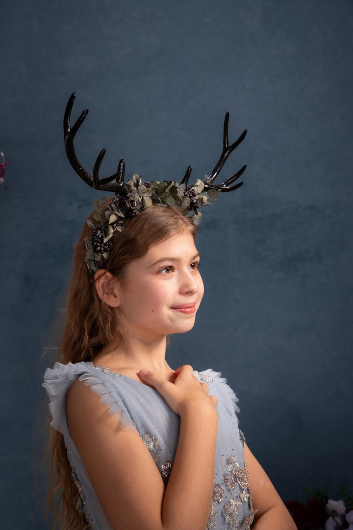 Black Antlers Flower Crown: Fairycore Halloween Headpiece – handmade floral hair accessory by magaela