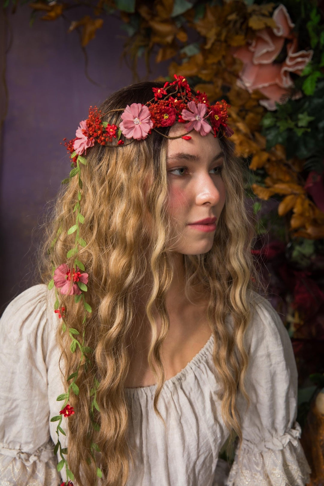 Bridal Flower Hair Wreath with Veil: Romantic Fairy Crown – handmade floral hair accessory by magaela