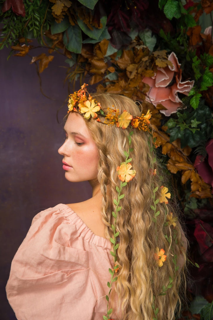 Bridal Flower Hair Wreath with Veil: Romantic Fairy Crown – handmade floral hair accessory by magaela