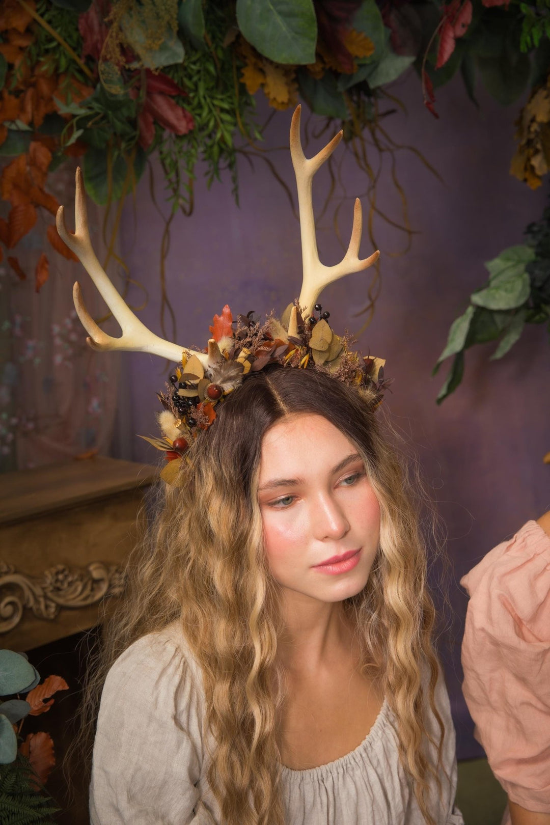 Woodland Antler Crown: Autumn Fairycore Headpiece – handmade floral hair accessory by magaela