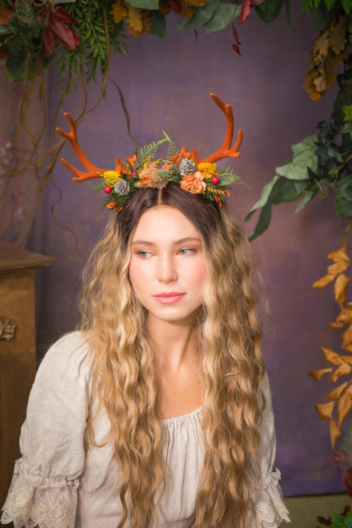 Autumn Antler Crown: Woodland Flower Headband, Pagan Festival – handmade floral hair accessory by magaela