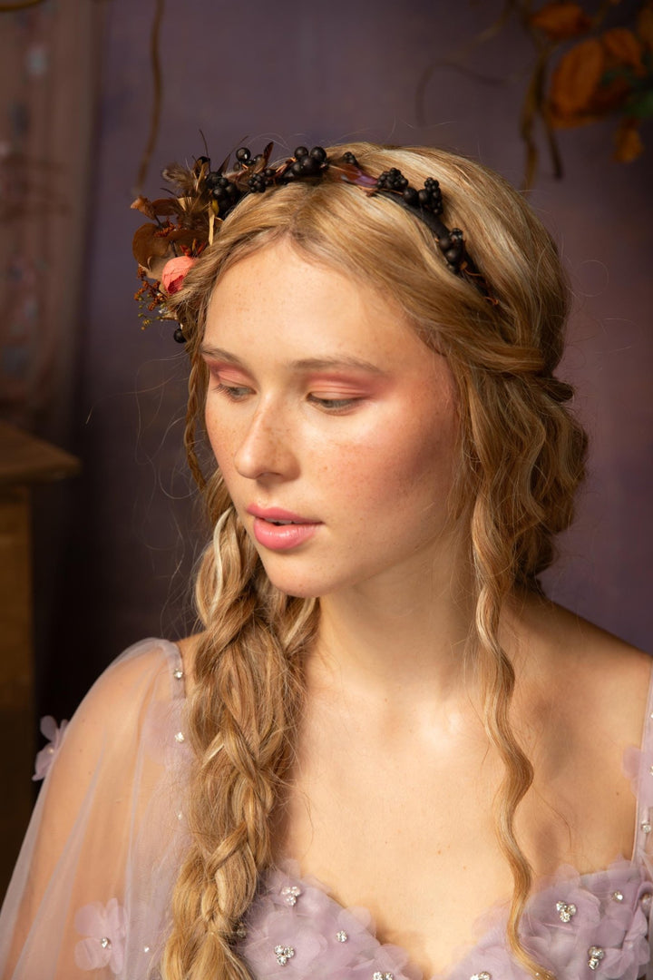 Autumn Flower Headband: Peony, Blackberries & Feathers – handmade floral hair accessory by magaela