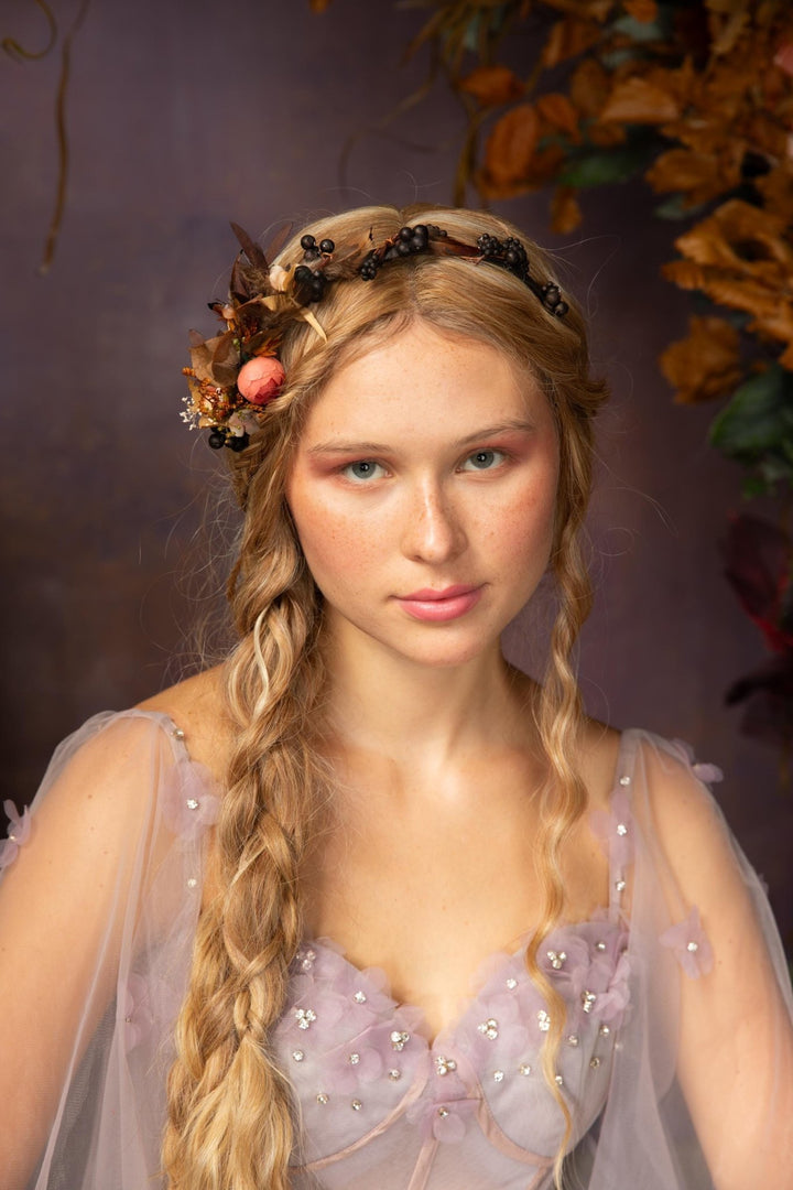 Autumn Flower Headband: Peony, Blackberries & Feathers – handmade floral hair accessory by magaela
