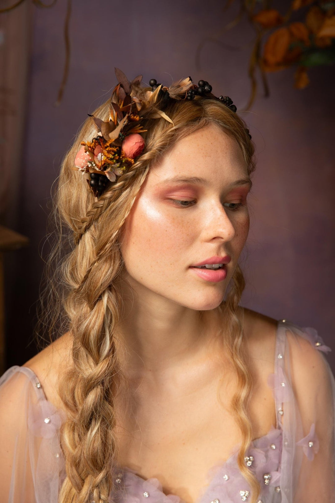 Autumn Flower Headband: Peony, Blackberries & Feathers – handmade floral hair accessory by magaela