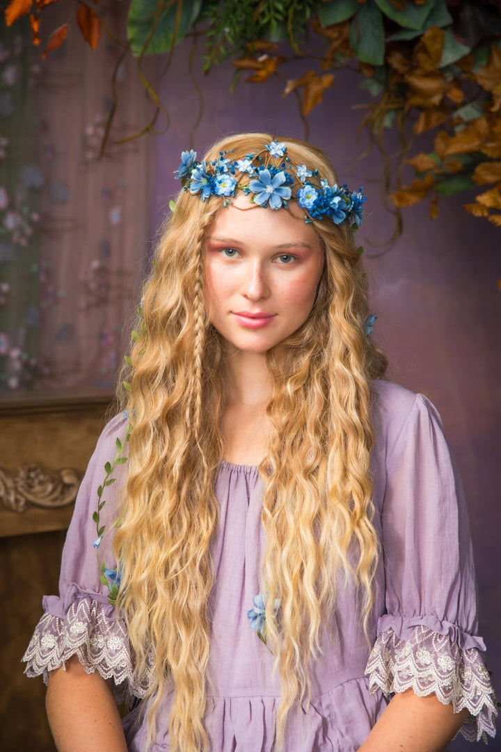 Bridal Flower Hair Wreath with Veil: Blue & Purple Fairy Crown – handmade floral hair accessory by magaela