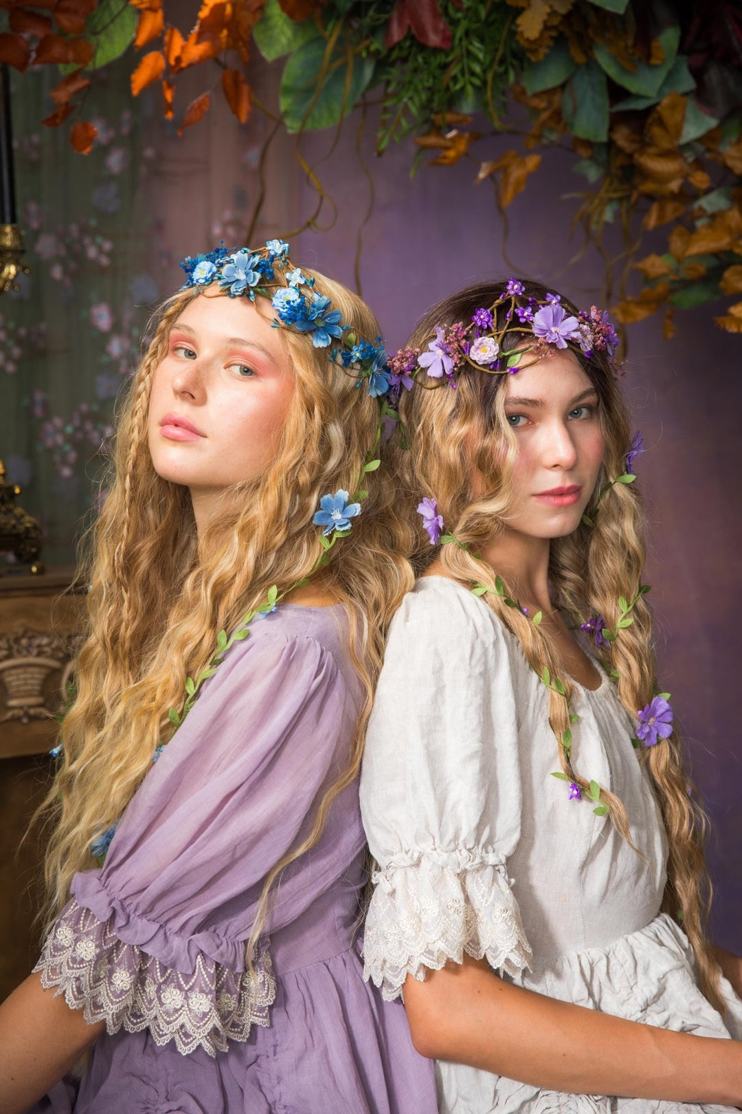 Bridal Flower Hair Wreath with Veil: Blue & Purple Fairy Crown – handmade floral hair accessory by magaela