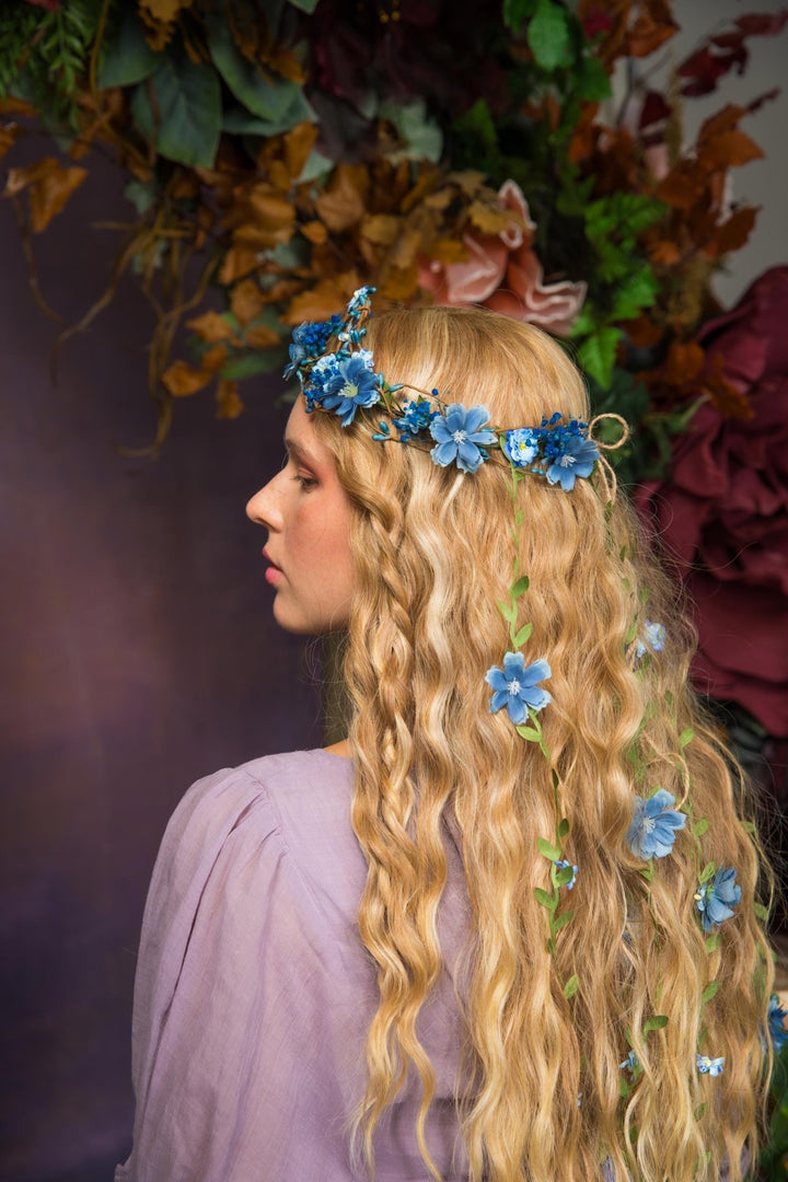 Bridal Flower Hair Wreath with Veil: Blue & Purple Fairy Crown – handmade floral hair accessory by magaela