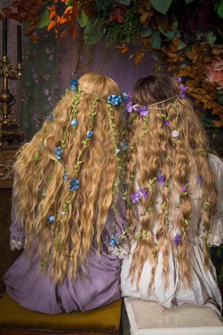 Bridal Flower Hair Wreath with Veil: Blue & Purple Fairy Crown – handmade floral hair accessory by magaela