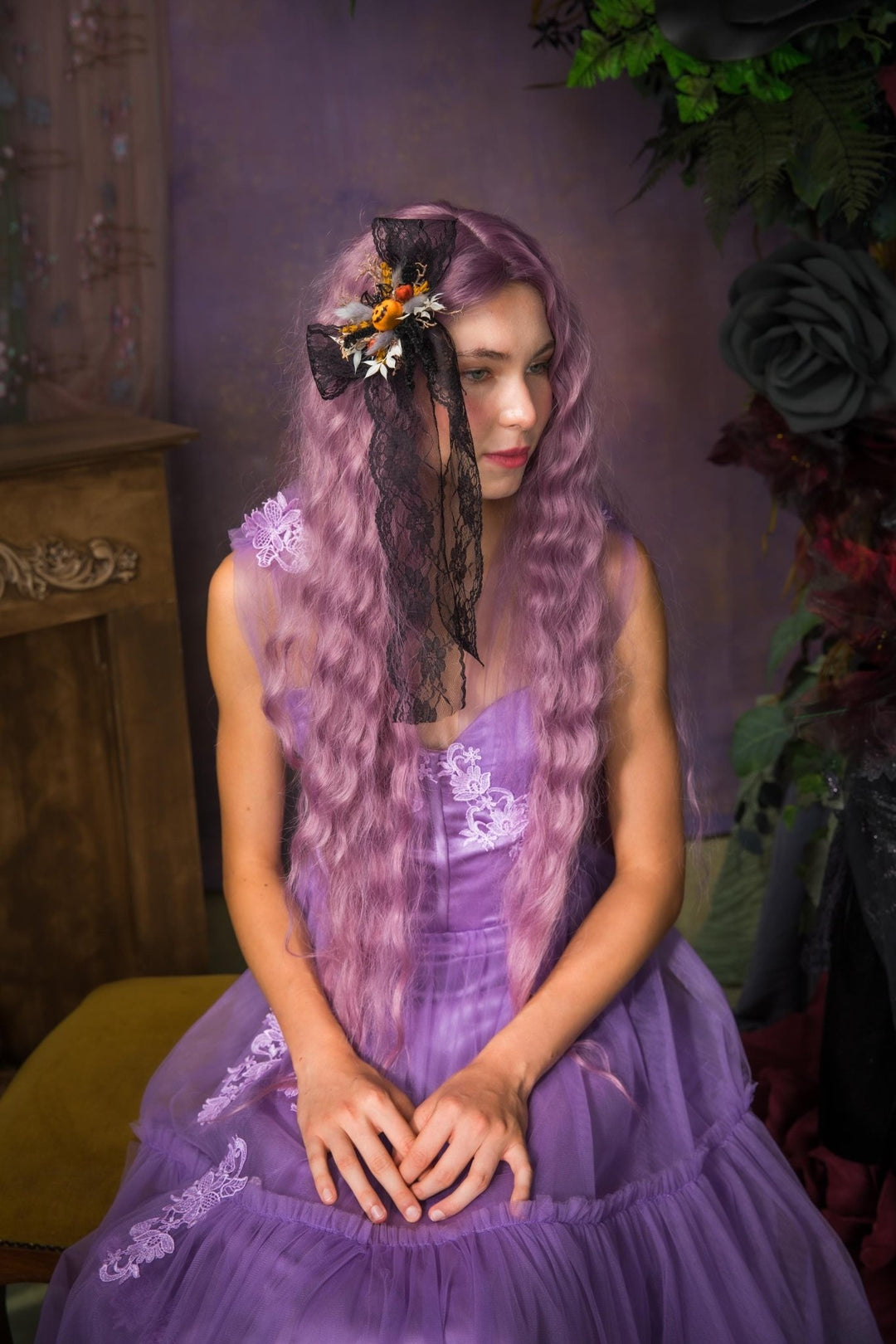 Halloween Pumpkin Hair Clip: Black Lace Bow, Gothic Autumn Headpiece – handmade floral hair accessory by magaela