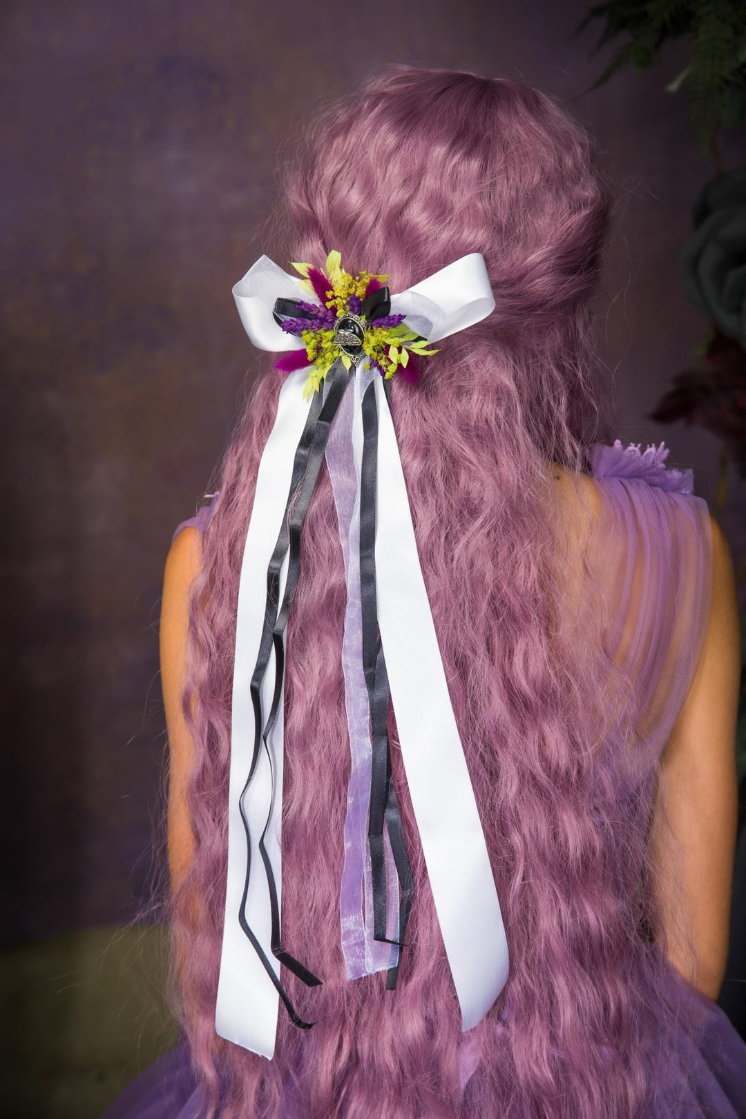 Halloween Hair Clip: Purple Yellow Floral Beetlejuice Bow – handmade floral hair accessory by magaela