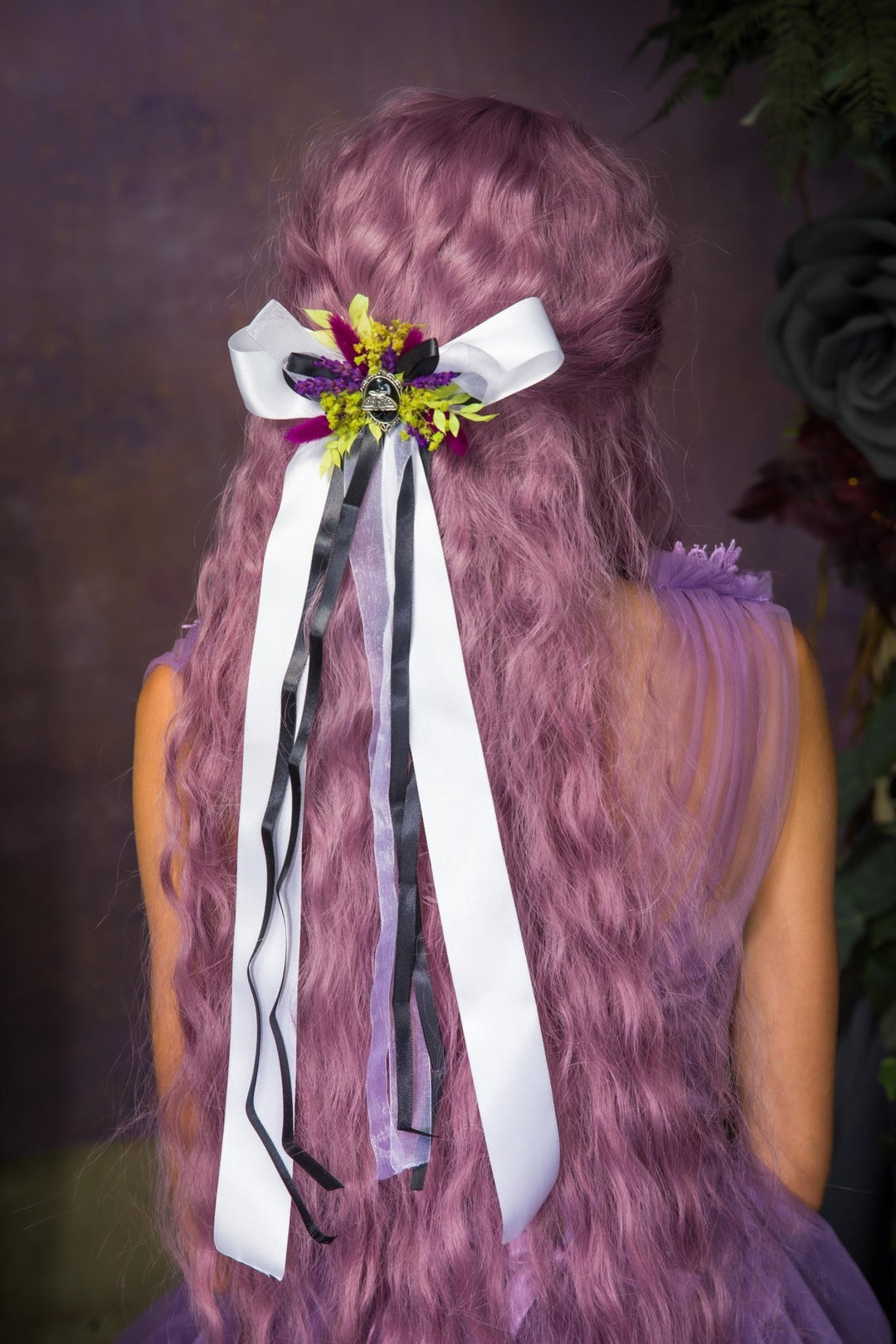 Halloween Hair Clip: Purple Yellow Floral Beetlejuice Bow – handmade floral hair accessory by magaela