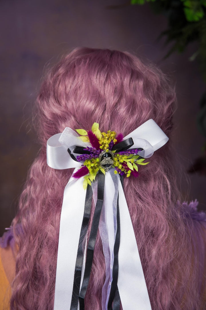 Halloween Hair Clip: Purple Yellow Floral Beetlejuice Bow – handmade floral hair accessory by magaela