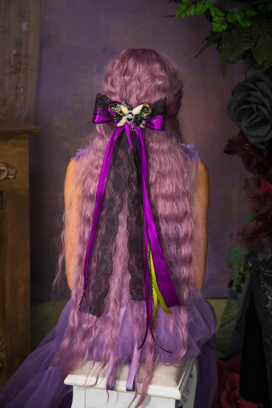 Purple Satin Hair Bow Clip: Gothic Halloween Headpiece – handmade floral hair accessory by magaela