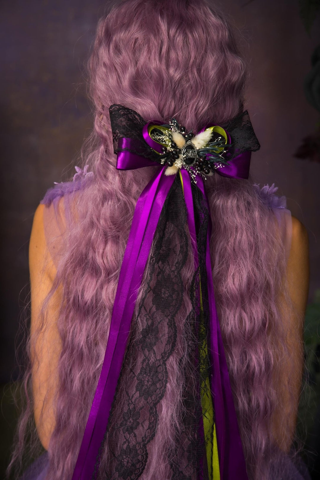 Purple Satin Hair Bow Clip: Gothic Halloween Headpiece – handmade floral hair accessory by magaela