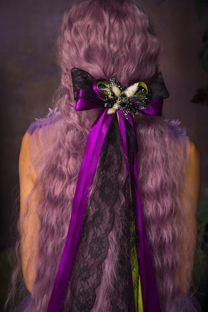 Purple Satin Hair Bow Clip: Gothic Halloween Headpiece – handmade floral hair accessory by magaela