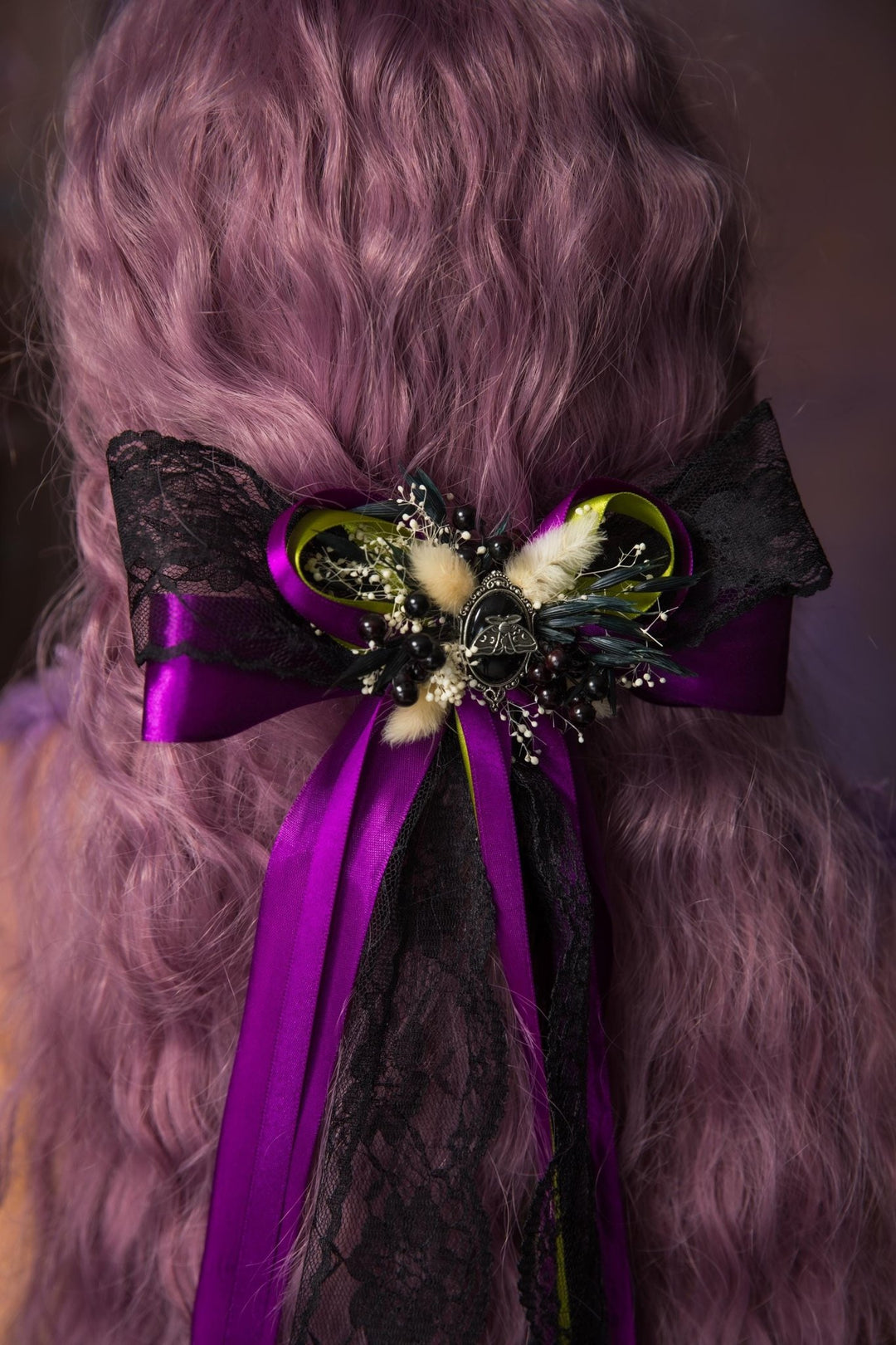 Purple Satin Hair Bow Clip: Gothic Halloween Headpiece – handmade floral hair accessory by magaela