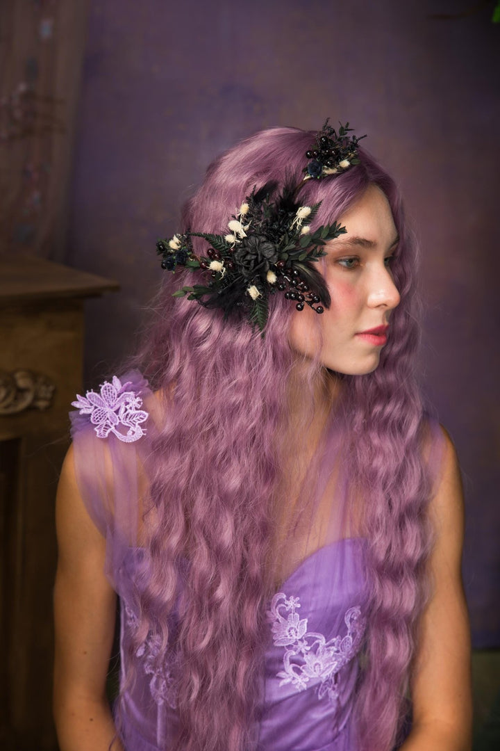 Gothic Wedding Hair Vine: Black Rose, Fern & Blackberry Hairpiece – handmade floral hair accessory by magaela