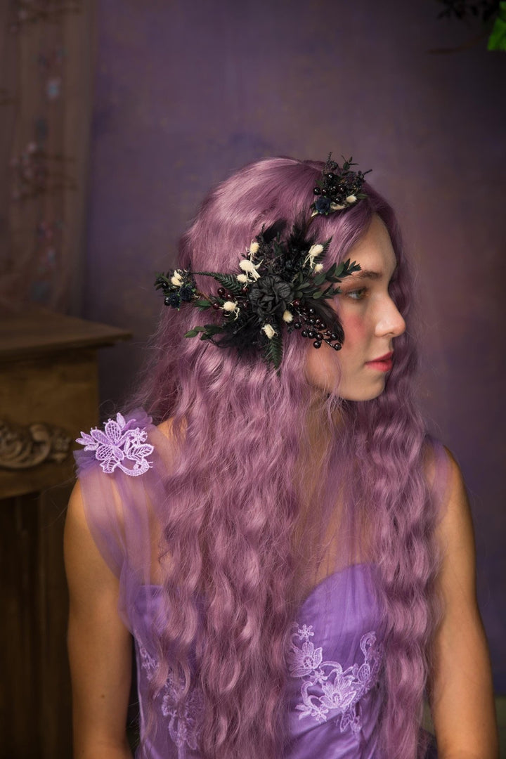 Gothic Wedding Hair Vine: Black Rose, Fern & Blackberry Hairpiece – handmade floral hair accessory by magaela