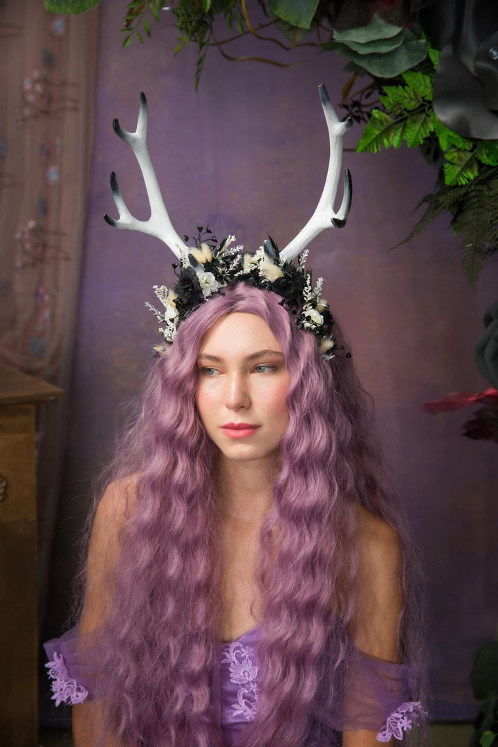 Halloween Antlers Crown: Black & White Woodland Headpiece – handmade floral hair accessory by magaela