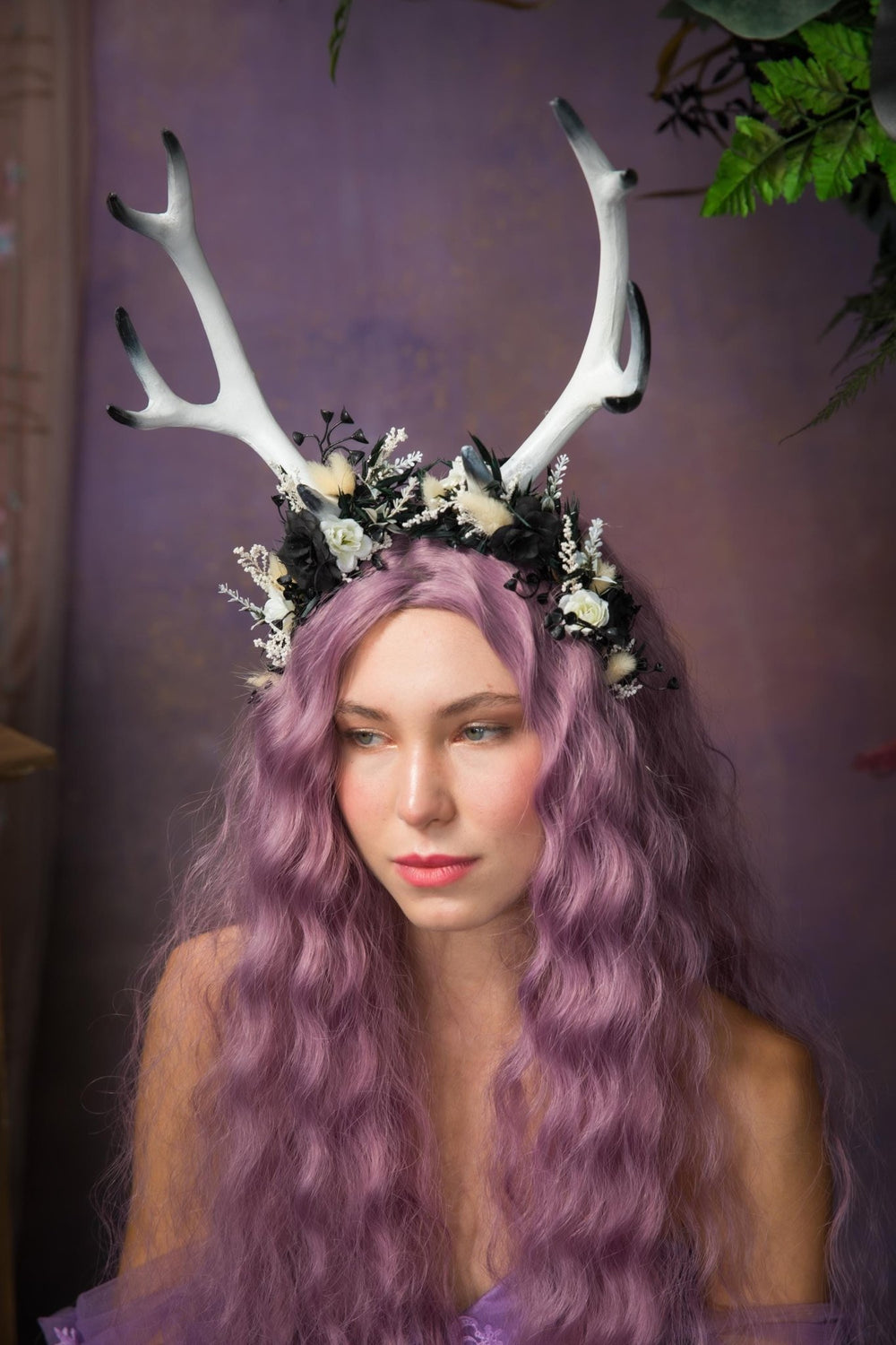 Halloween Antlers Crown: Black & White Woodland Headpiece – handmade floral hair accessory by magaela
