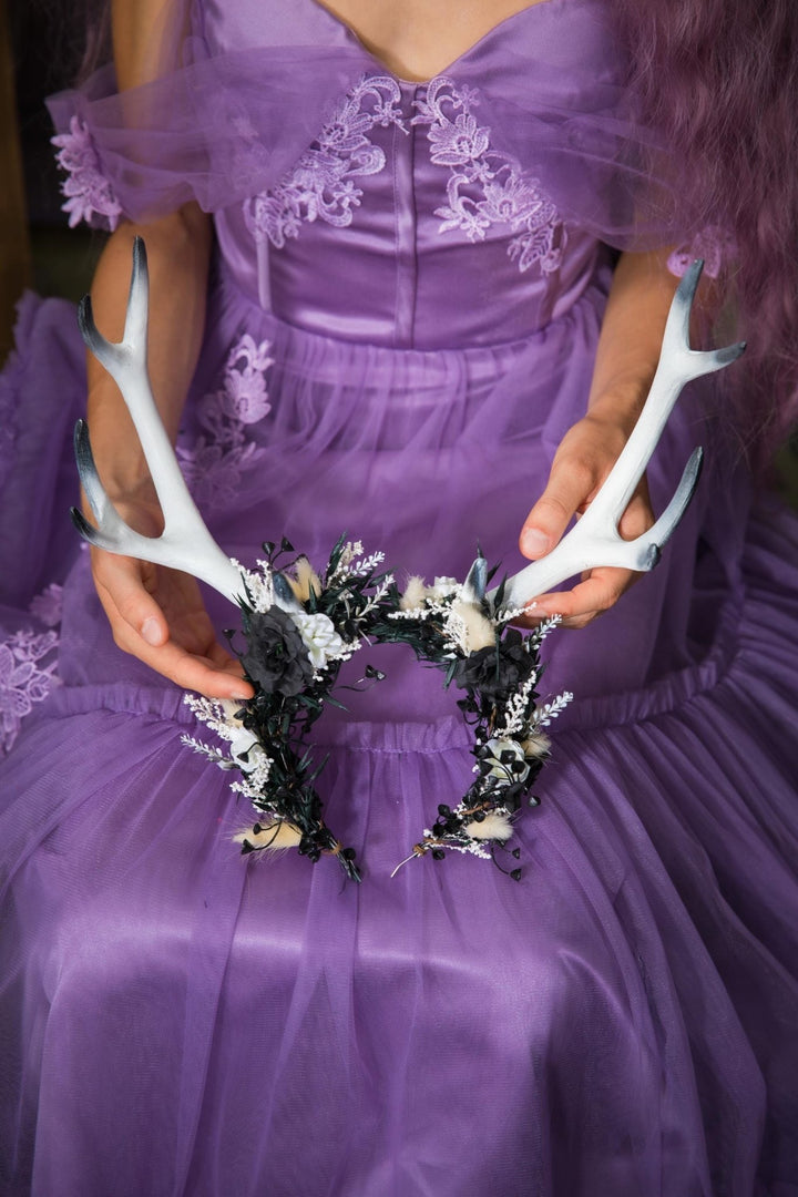 Halloween Antlers Crown: Black & White Woodland Headpiece – handmade floral hair accessory by magaela