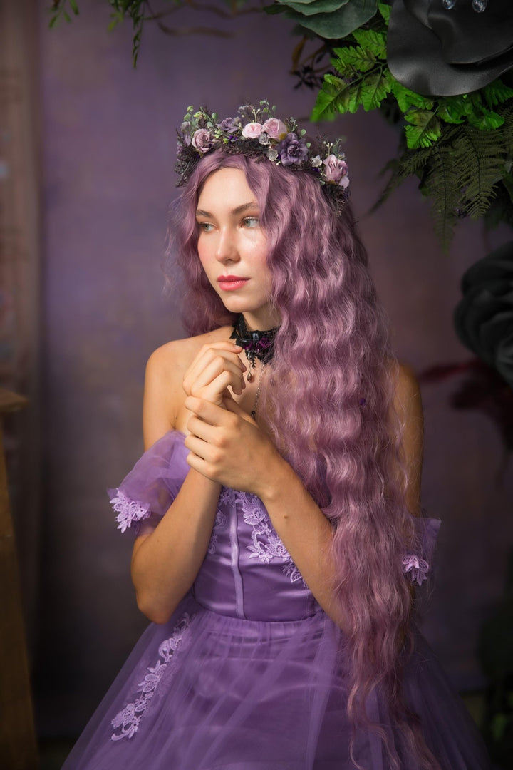 Purple Pink Flower Half Wreath: Boho Bridal Hair Accessory – handmade floral hair accessory by magaela