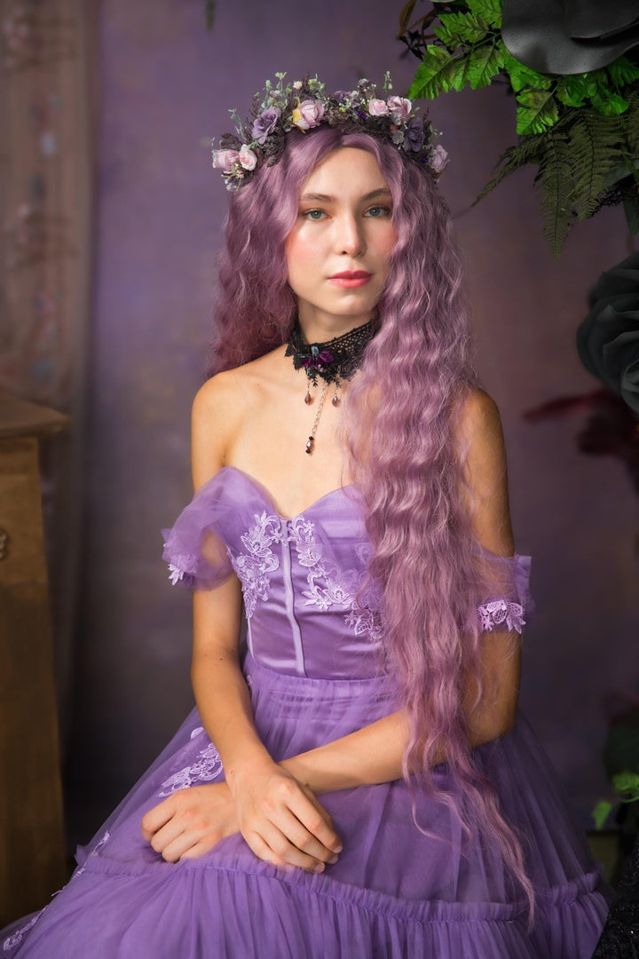 Purple Pink Flower Half Wreath: Boho Bridal Hair Accessory – handmade floral hair accessory by magaela