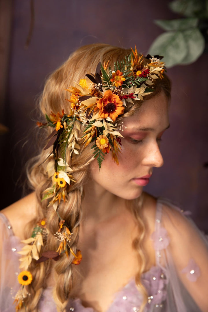 Autumn Sunflower Hair Wreath: Bridal Flower Hair Vine & Clips – handmade floral hair accessory by magaela
