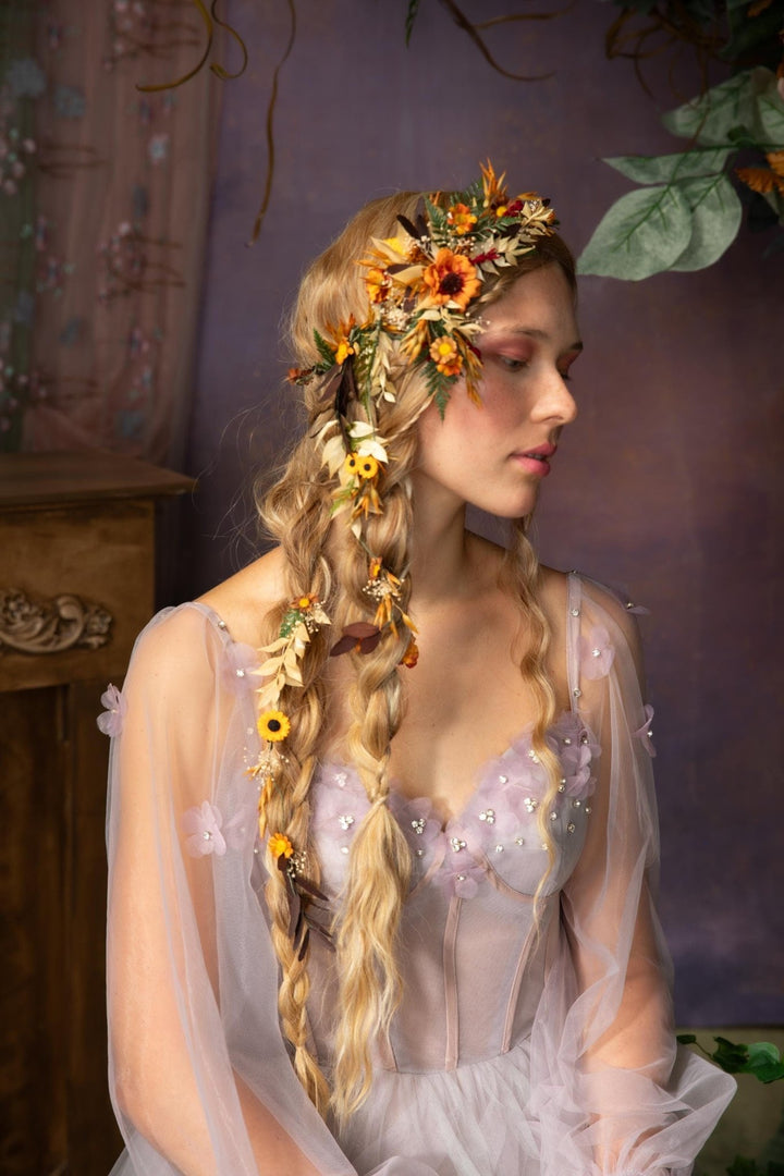 Autumn Sunflower Hair Wreath: Bridal Flower Hair Vine & Clips – handmade floral hair accessory by magaela