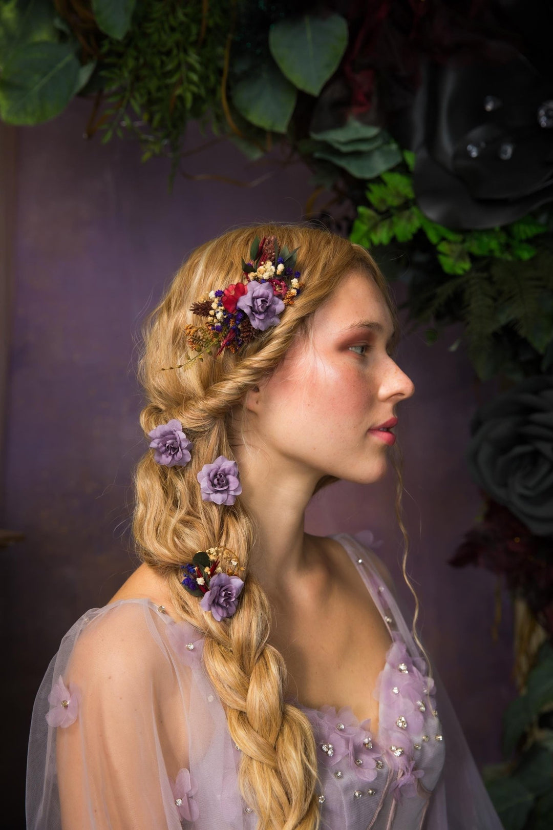 Purple Flower Hair Comb & Pins: Bridal Violet Hair Accessories – handmade floral hair accessory by magaela