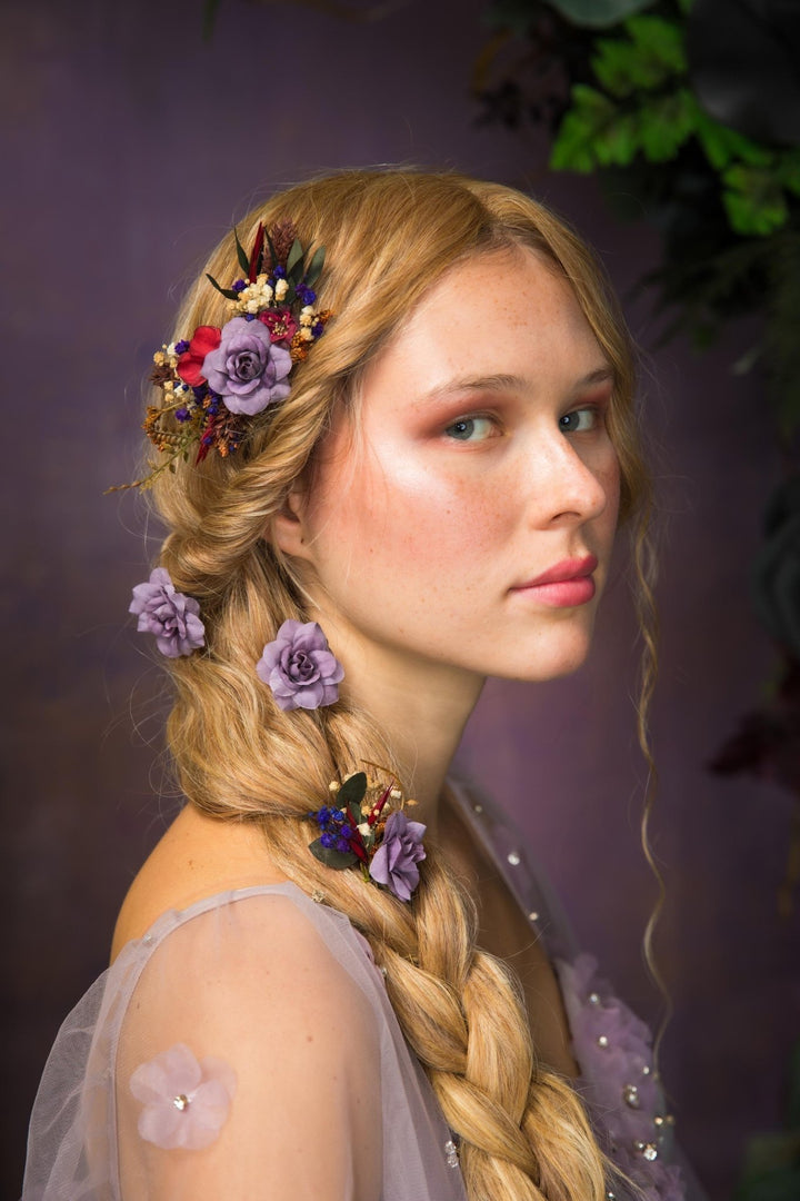 Purple Flower Hair Comb & Pins: Bridal Violet Hair Accessories – handmade floral hair accessory by magaela